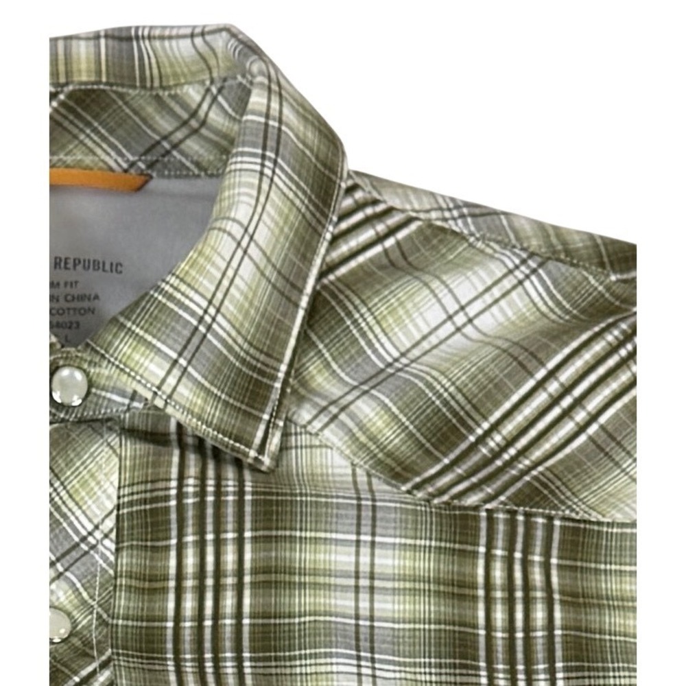 Banana Republic Western‎ Shirt Mens Large Olive Green Plaid Pearl Snap Slim Fit